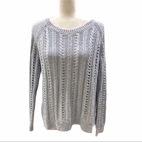 Scoop NYC Sweaters - Scoop NYC Open Knit Fringe Sweater Blue Size Large Long Sleeve